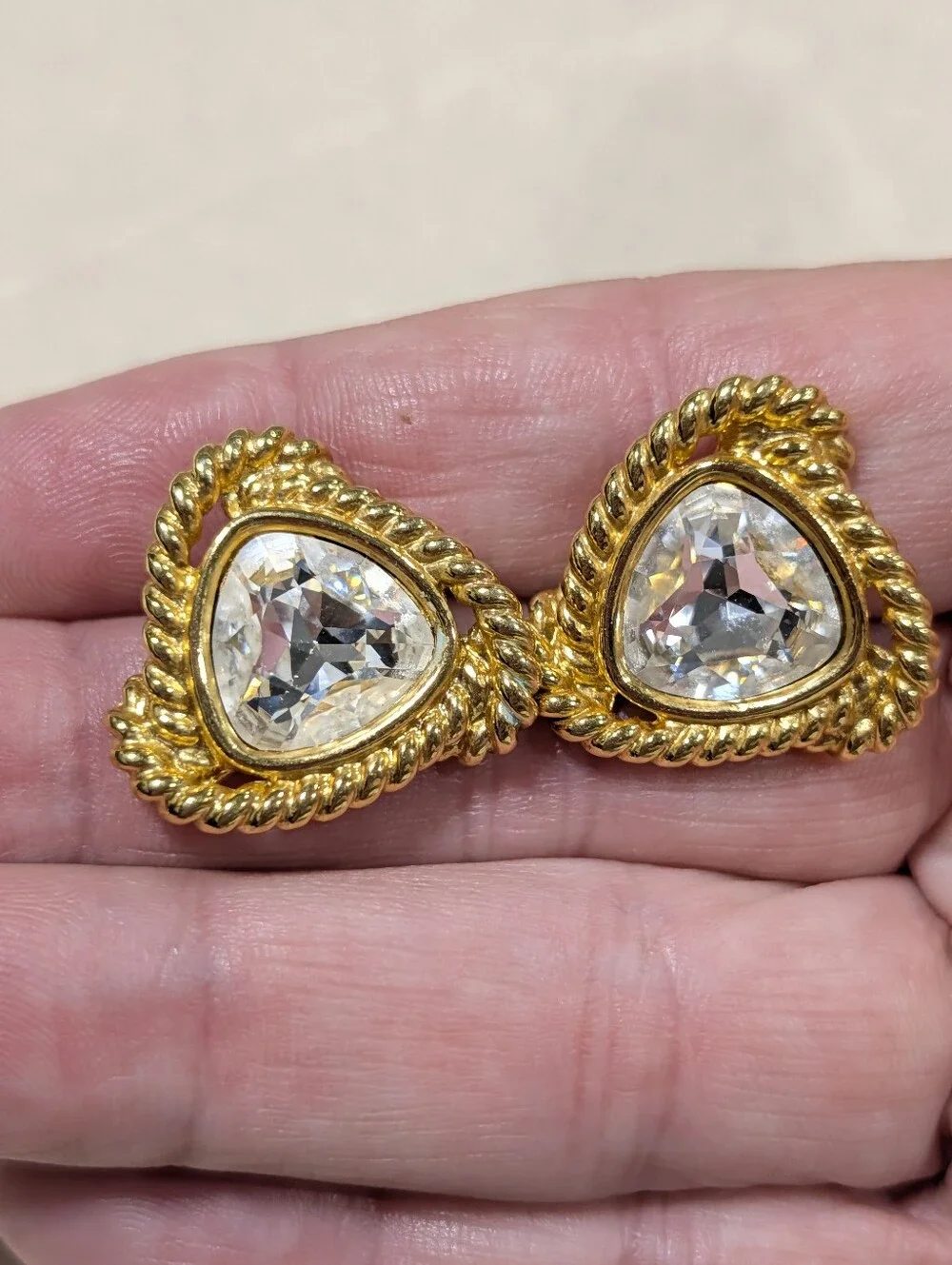 Vintage Swarovski Swan Signed Crystal Gold Tone Rope Stud Earrings
